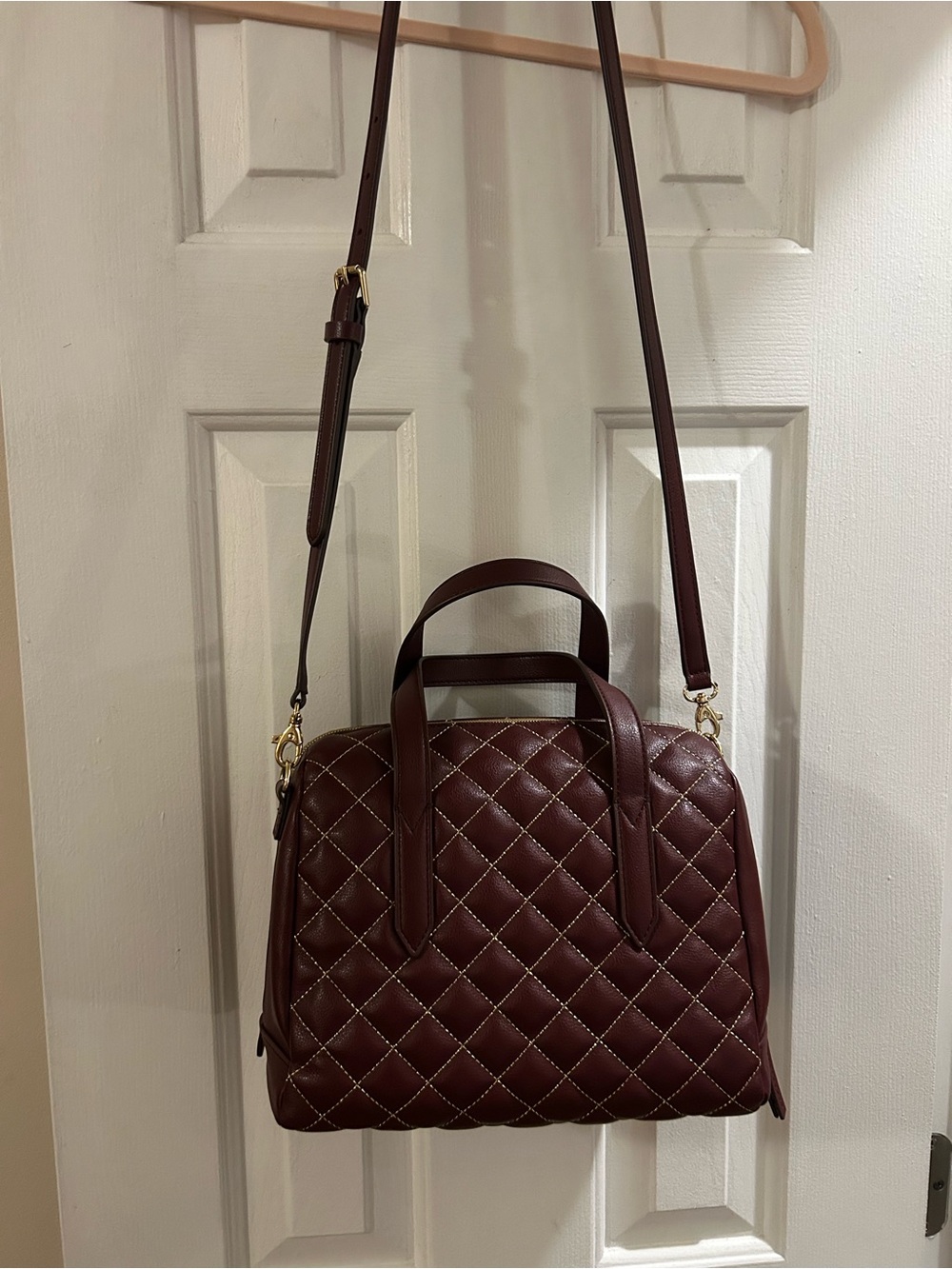 Fossil Quilted Burgundy Sydney Satchel with Gold Hardware